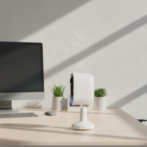 The camera is seen on a wooden office desk next to a computer screen and potted plants