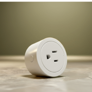 A white, compact, round smart plug with a US-style outlet and a small, discrete button on its side, resting on a beige and grey patterned surface against a plain olive-green wall.