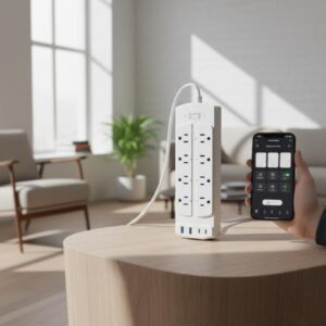 Tall white smart power strip placed on a round wooden table beside multiple charging devices in a bright modern room.