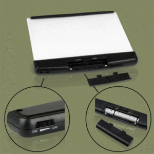 Image detailing the battery compartment and controls of the LED reading panel. Close-up insets show the easy-to-use ON/OFF slider switch and the battery compartment housing two AAA batteries (visible) after the cover has been removed.