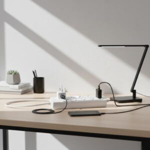 White power strip on a desk powering several small devices and a lamp in a minimalist workspace.