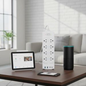 Vertical surge protector on a table connected to a tablet and smart speaker in a softly lit room