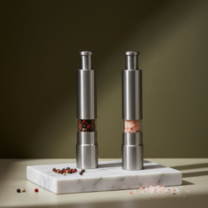 A pair of modern, tall cylindrical brushed stainless steel grinders displayed on a white marble slab. One grinder is filled with peppercorns, and the other with pink Himalayan salt, with some spices scattered at the base.