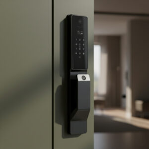 Side view of the smart door lock's interior unit mounted on an olive green door, showing the ergonomic handle and finger print sensor, with a blurred background.