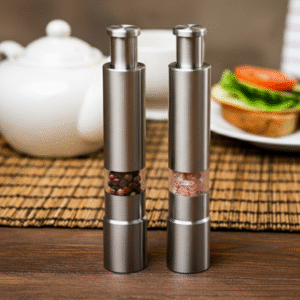 Close-up shot of the matching stainless steel salt and pepper grinder set (one with mixed peppercorns, one with pink salt) placed on a wooden table with a woven placemat. A white teapot and a sandwich plate are blurred in the background, suggesting a dining setting.