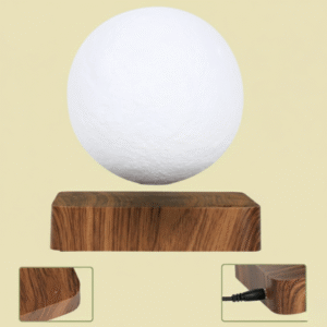 Product feature image highlighting the construction of the levitating moon lamp: The globe is made of ABS environment engineering Material and floats over a High Quality base with a wood finish. Insets point out the Touch Switch and the power Interface (jack).