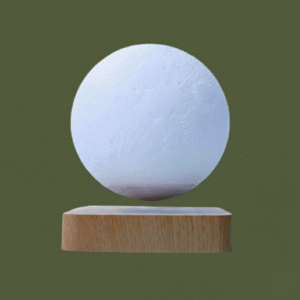 Diagram showing the dimensions of the levitating moon lamp and its base. The floating globe has a 14cm diameter, and the wooden base measures 13.5cm in width and 3.3cm in height.