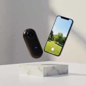 A black action camera and a smartphone displaying a full-screen outdoor video are levitating in mid-air over a square white marble block. The background is a plain white wall with a diagonal soft shadow.