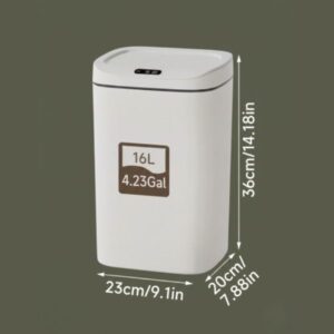 A white smart bin, showing its dimensions. The bin has "16L" and "4.23Gal" written on it in a brown box. White measurement lines and text indicate the dimensions: 36cm/14.18in for height, 23cm/9.1in for width, and 20cm/7.88in for depth. The background is a solid dark olive green.