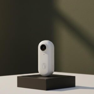 A white, cylindrical action camera is standing upright on a matte black rectangular block. The background is a dark olive green wall with a vertical soft shadow cast over it.