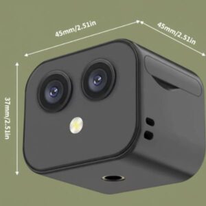 A black mini camera shown with white dimension lines and text against an olive green background, indicating its size (e.g., $45\text{mm}/2.51\text{in}$ and $37\text{mm}/2.51\text{in}$).