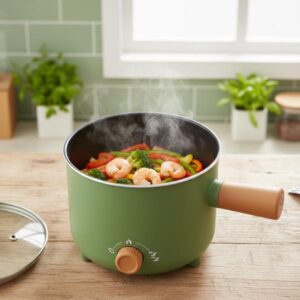 A close-up view of the green electric cooking pot on a wooden surface, actively cooking a brightly colored dish with shrimp and vegetables, with steam rising.