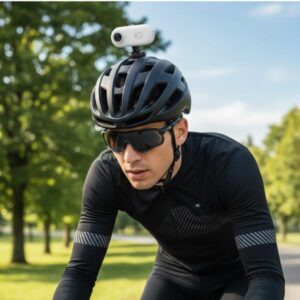 A professional outdoor action shot of a cyclist wearing sunglasses and a helmet, with the white action camera securely mounted on top of the helmet, capturing a point-of-view perspective