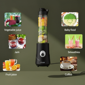 Central image of a black personal blender surrounded by six thumbnail examples of its uses: Vegetable juice, Baby food, Jam, Smoothies, Coffee, and Fruit juice, demonstrating its multi-functional capability.