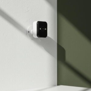 A single white and black security camera is mounted onto a textured white wall near the corner, pointing into the room. A strong shadow highlights the wall's texture.
