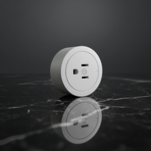 A white, round smart plug with a US-style outlet and power button icon visible on its front face, sitting centered on a highly reflective black marble surface against a dark grey background.