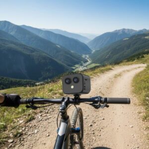 A black mini camera mounted on the handlebar of a bike, facing forward on a dirt road, with a scenic view of green mountains and a valley in the background.