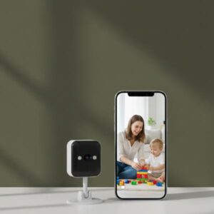 : A white and black security camera is positioned next to a smartphone. The phone screen displays a live 4K feed of a mother and her son playing together with toys, demonstrating remote viewing capability.