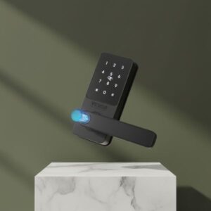 Diagram showing the drill-free easy installation of a black smart door lock, detailing the front and back handle, latch mechanism, and dimensions for standard doors. It also shows small examples of compatible doors: wooden, stainless steel, and copper.