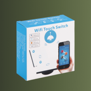 Feature image showing the timer function of the smart touch switch. Text at the top explains the support for countdown, single, and repeat timers (Max 8 groups). The image includes the black switch mounted on a wall and a hand holding a phone displaying the app interface for setting the switch timer.