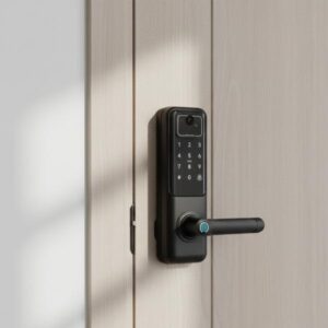 A black smart door lock is installed on a light-colored wooden door. The surrounding environment is bright and modern.