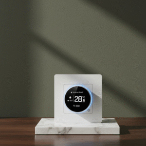 A modern white MOES smart thermostat resting on a white marble slab. The device features a square body with a circular black interface displaying 28.5°C, a humidity indicator, and a glowing blue LED ring, set against a textured olive green wall with soft shadows.