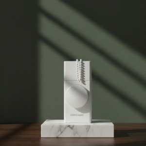 A close-up front view of a white smart blind motor resting on a marble block. The device features a central gear wheel designed to grip beaded blind chains.