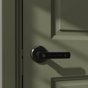 Close-up of a black smart door lock handle installed on an olive green, paneled door, featuring aesthetic, dramatic shadow