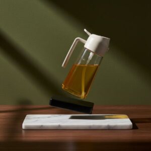 An artistic, tilted shot of the glass oil dispenser with the white cap, showcasing its spill-proof design and handle detail.