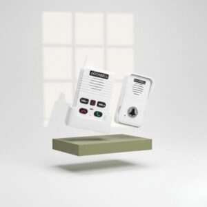 A white doorbell and receiver unit levitate at a 45-degree angle above an olive green block, set against a white background with window shadows on the back wall.