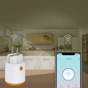 A white smart plug with an orange bottom is prominently displayed in the foreground. To its right, a smartphone shows a smart plug control app with a large power button. The background is a modern kitchen interior, rendered with an olive green color scheme, with subtle 'wifi' signals emanating from appliances.
