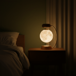 A close-up, dark shot of the levitating moon lamp glowing brightly on a wooden bedside table in a dimly lit bedroom setting.