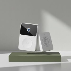 The white doorbell unit and its chime are shown levitating slightly above a matte olive green rectangular block. The background is light, and shadows create an aesthetic effect.