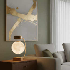 A levitating moon lamp placed on a wooden side table in a modern living room with light olive green walls and abstract gold wall art.