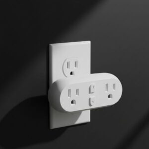 A white, oval-shaped smart power strip with multiple outlets is plugged into a wall socket on a dark black wall, highlighted by sharp, aesthetic shadows.
