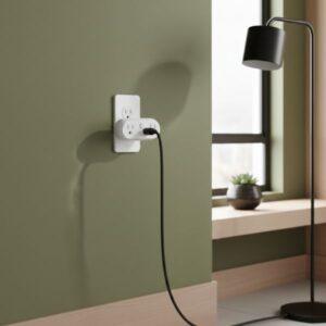 A white, oval-shaped smart power strip is plugged into a wall socket on an olive green wall in a modern house. A black cable is plugged into the power strip, extending towards a black floor lamp near a window with a small plant.