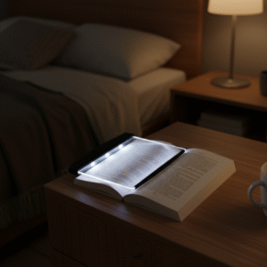 A transparent panel book reading light illuminating the pages of an open book, resting on a wooden bedside table in a dimly lit bedroom setting.