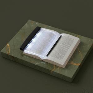 A top-down, slightly angled view of the transparent panel book reading light illuminating an open book, which is placed on a thick, olive green marble block with golden veins