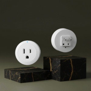 A high-quality hero image showcasing two white mini smart plugs with sharp edges. One plug is viewed from the front, showing the US-style three-prong outlet. The other is viewed from the back, showing the two flat US prongs. Both plugs are resting casually on separate matte black marble blocks with golden veins, against a dark olive green background.