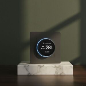 A front-facing product shot of a square, matte black smart thermostat resting on a white marble block. The device features a central circular display with a glowing blue LED ring indicating the temperature setting.