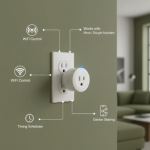 The white smart plug connected to a wall outlet on an olive green wall, with connecting lines and text bubbles illustrating features like WiFi Control, Timing Schedule, and easy sharing.