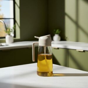 The glass oil dispenser bottle sitting on a bright white kitchen counter in a sunlit, modern kitchen setting with olive-green walls.
