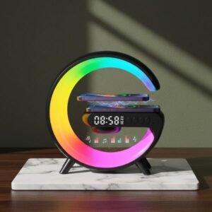 Close-up view of the device's face, clearly showing the digital clock display reading "08:51" surrounded by the colorful ambient lighting ring.