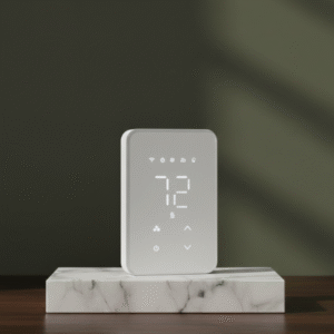 A front-facing view of a sleek, rectangular white smart thermostat resting on a white marble block. The minimalist LED display shows a temperature of 72 degrees against a dark green wall background.