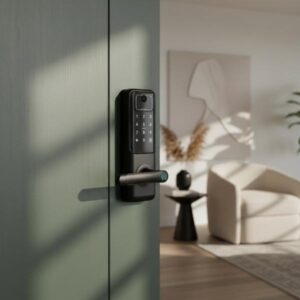 A black smart door lock is installed on a dark olive green door, which is partially open to reveal a bright, aesthetic interior with a decorative plant and minimal art.