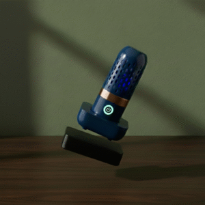 An artistic, tilted shot of the dark blue portable food purifier hovering above a black base, showcasing its sleek, modern profile.