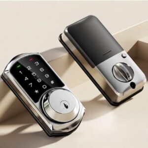 An enhanced image showing two smart deadbolt locks, one silver and one black, positioned at an angle on a light, neutral background, highlighting their design and finish.