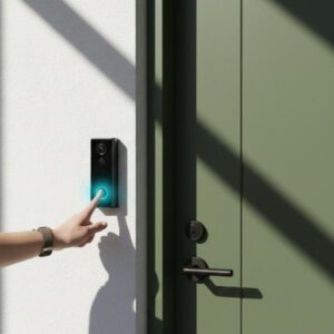 A hand is pressing the glowing blue button of the black doorbell unit, which is installed on a white wall. An olive green door and its black handle are visible on the right.