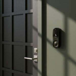 A close-up view of a black doorbell unit installed on a dark, modern metal-frame door with a silver handle, featuring dramatic shadows