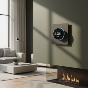 The matte black thermostat mounted on a minimalist olive green wall above a modern fireplace, showcasing how the device integrates into a contemporary home interior.